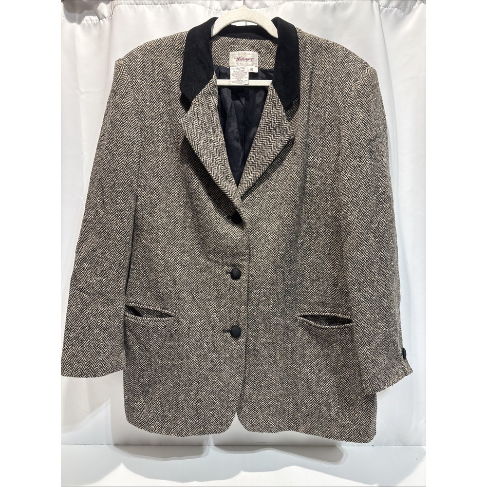 VTG Worthington Classic 80's Plaid Tweed Blazer W/Suede Wool Size 16 Academic
